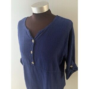 Ezze Wear Textured Top Size Large Blue Gauze Lagenlook Relaxed Roll Tab Sleeves